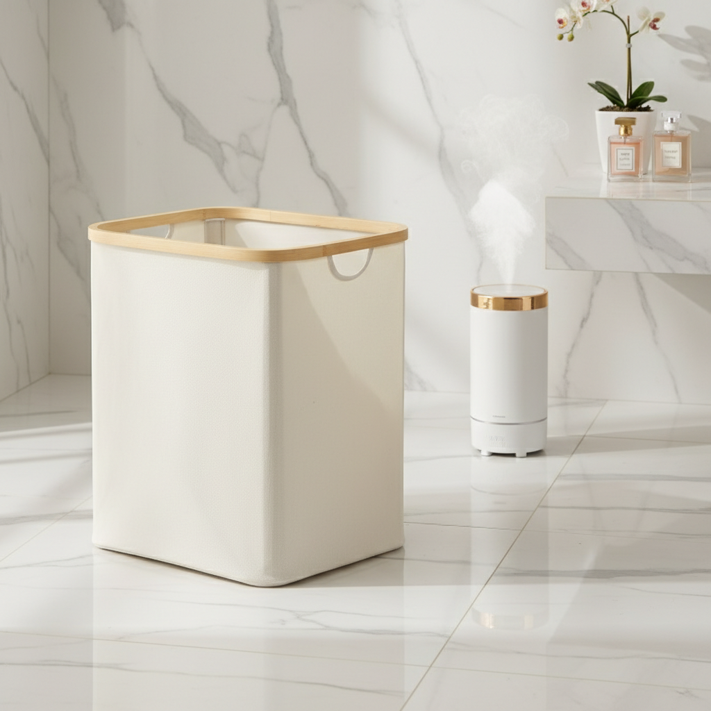 Cream bamboo storage basket and gold-trim aroma humidifier styled in a marble bathroom
