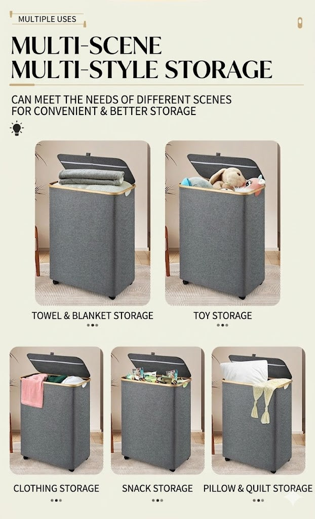 2-Section Rolling Laundry Hamper with Removable Bags, Bamboo Rim & Lid, Heavy Duty Laundry Sorter