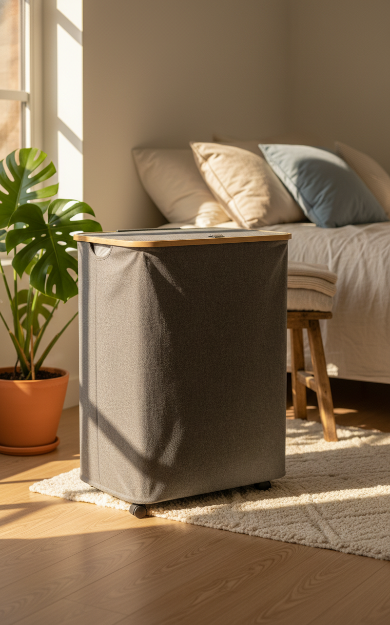 2-section rolling laundry hamper with bamboo rim and lid - heavy duty laundry sorter