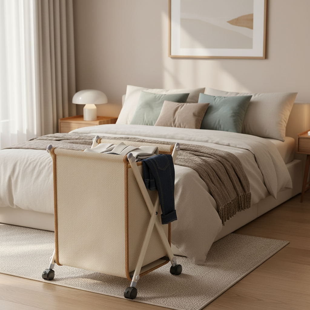Rolling X-frame laundry basket beside bed in Nordic style bedroom