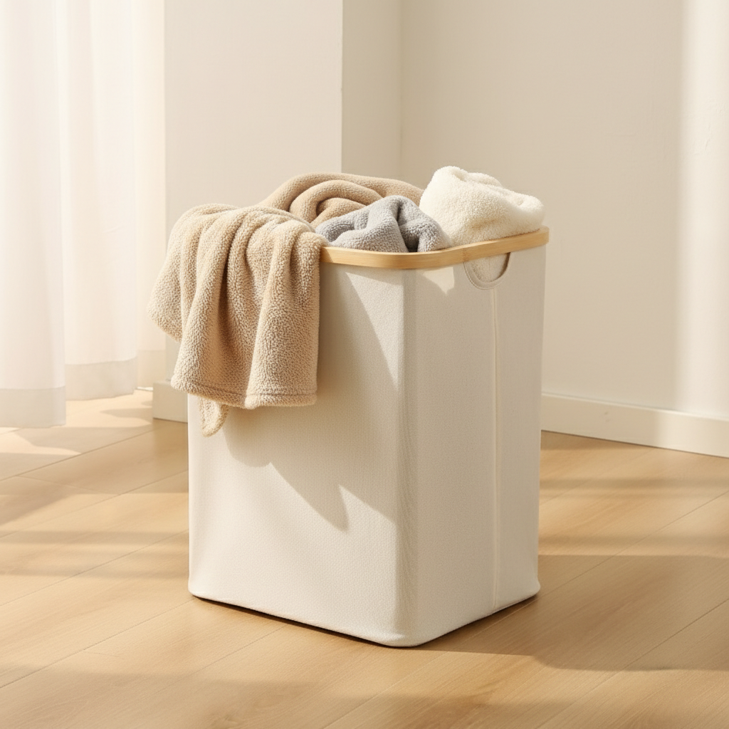 Scandi foldable laundry basket with bamboo rim - stylish home storage