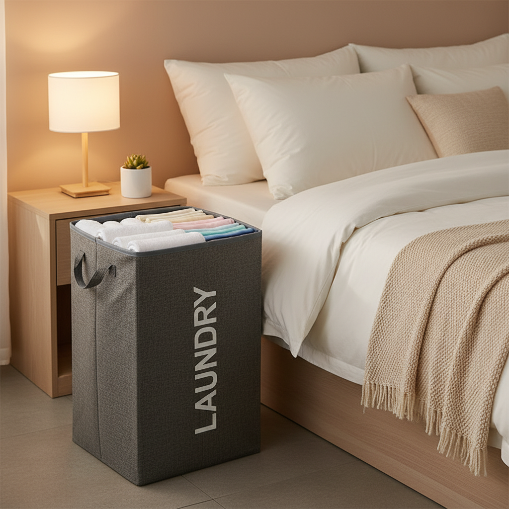 Dark gray lidded laundry basket with LAUNDRY text placed beside a bed with warm lighting in a cozy bedroom
