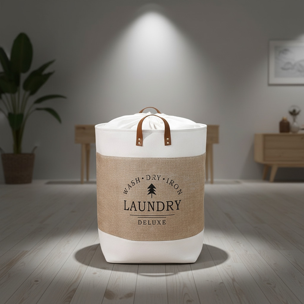 Collapsible laundry hamper in bedroom with soft lighting