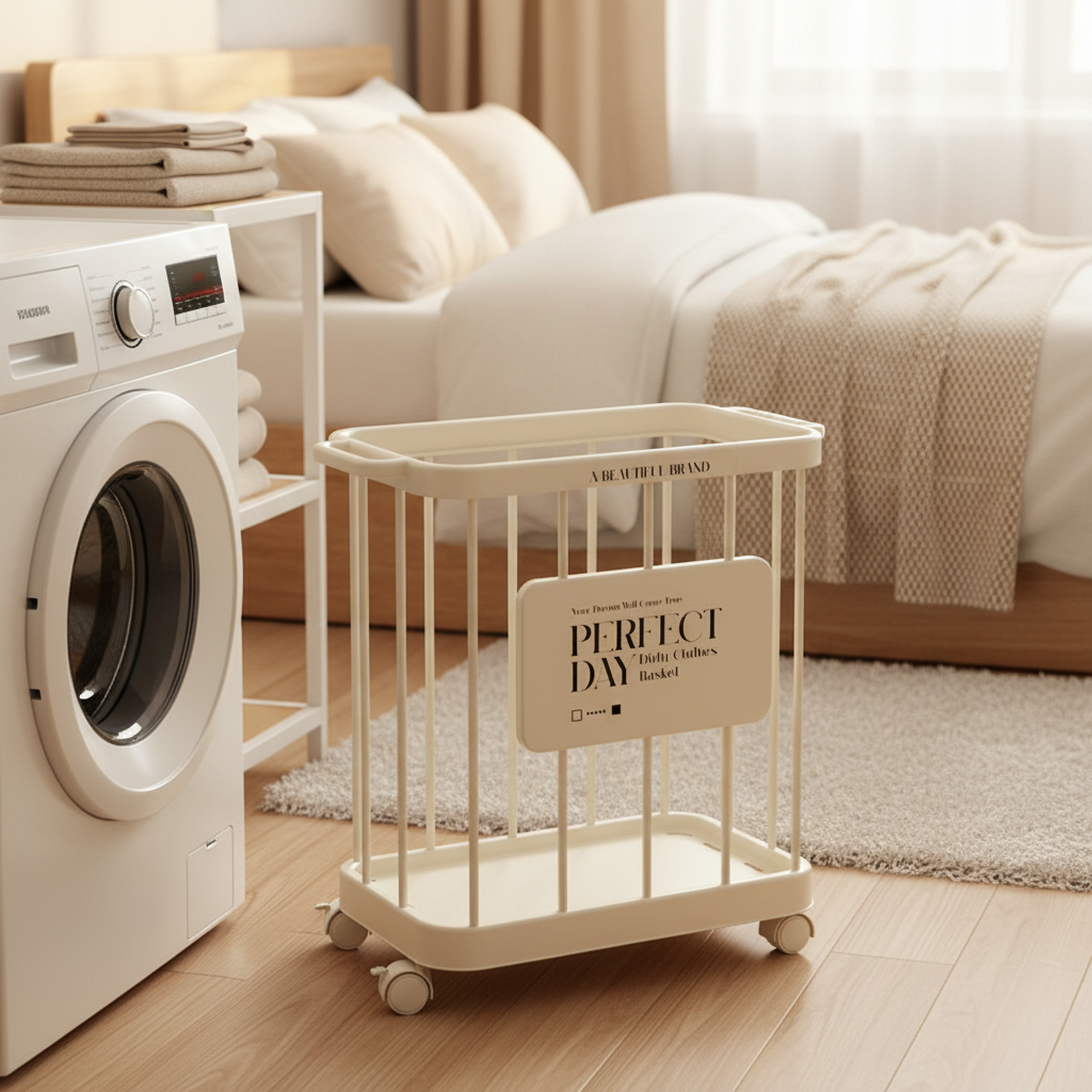 Large capacity laundry basket with wheels placed next to a washing machine in a bright laundry room, cream color finish
