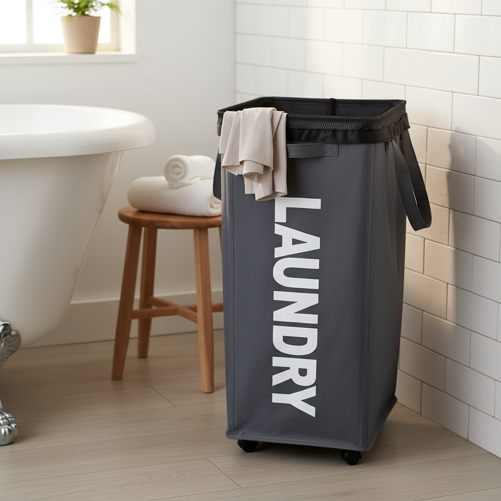 Foldable rolling laundry hamper with Oxford fabric in bedroom corner