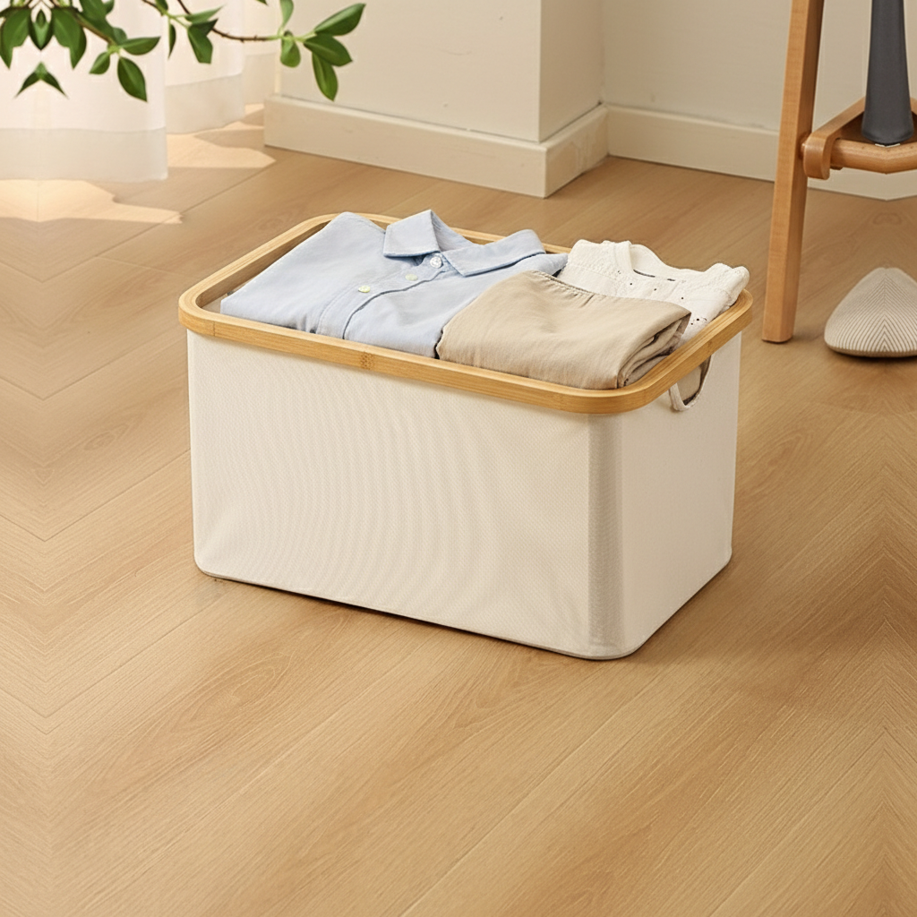 Bamboo frame Oxford fabric laundry organizer - modern bedroom storage