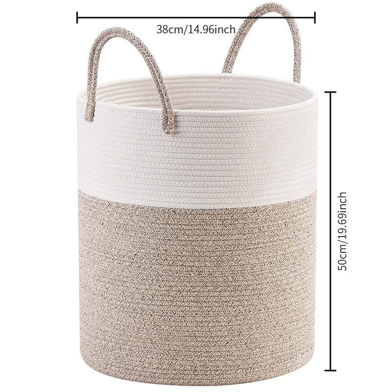Handwoven Cotton Rope Storage Basket - Decorative Two-Tone Laundry Hamper