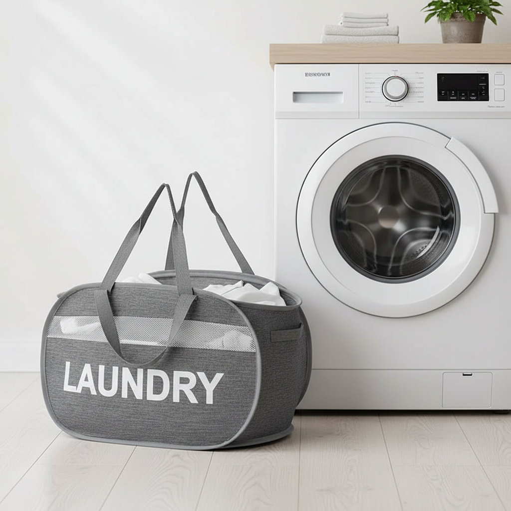 Portable mesh laundry bag with handles - pop-up hamper for travel and dorm