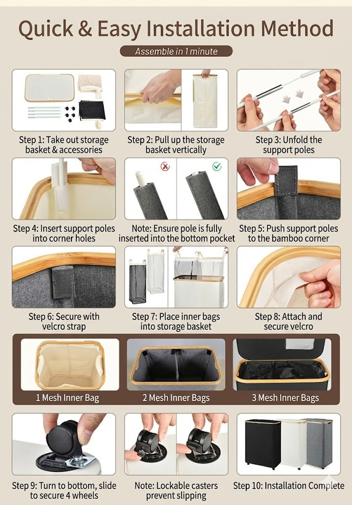 2-Section Rolling Laundry Hamper with Removable Bags, Bamboo Rim & Lid, Heavy Duty Laundry Sorter