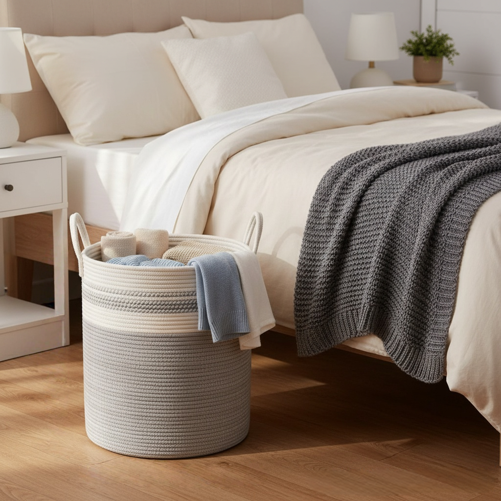 Handwoven grey and white cotton rope storage basket with soft texture, ideal for laundry, nursery, or living room organization

