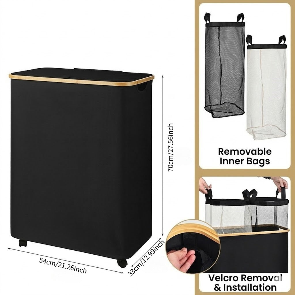 2-Section Rolling Laundry Hamper with Removable Bags, Bamboo Rim & Lid, Heavy Duty Laundry Sorter