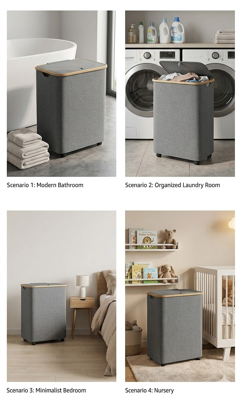 2-Section Rolling Laundry Hamper with Removable Bags, Bamboo Rim & Lid, Heavy Duty Laundry Sorter