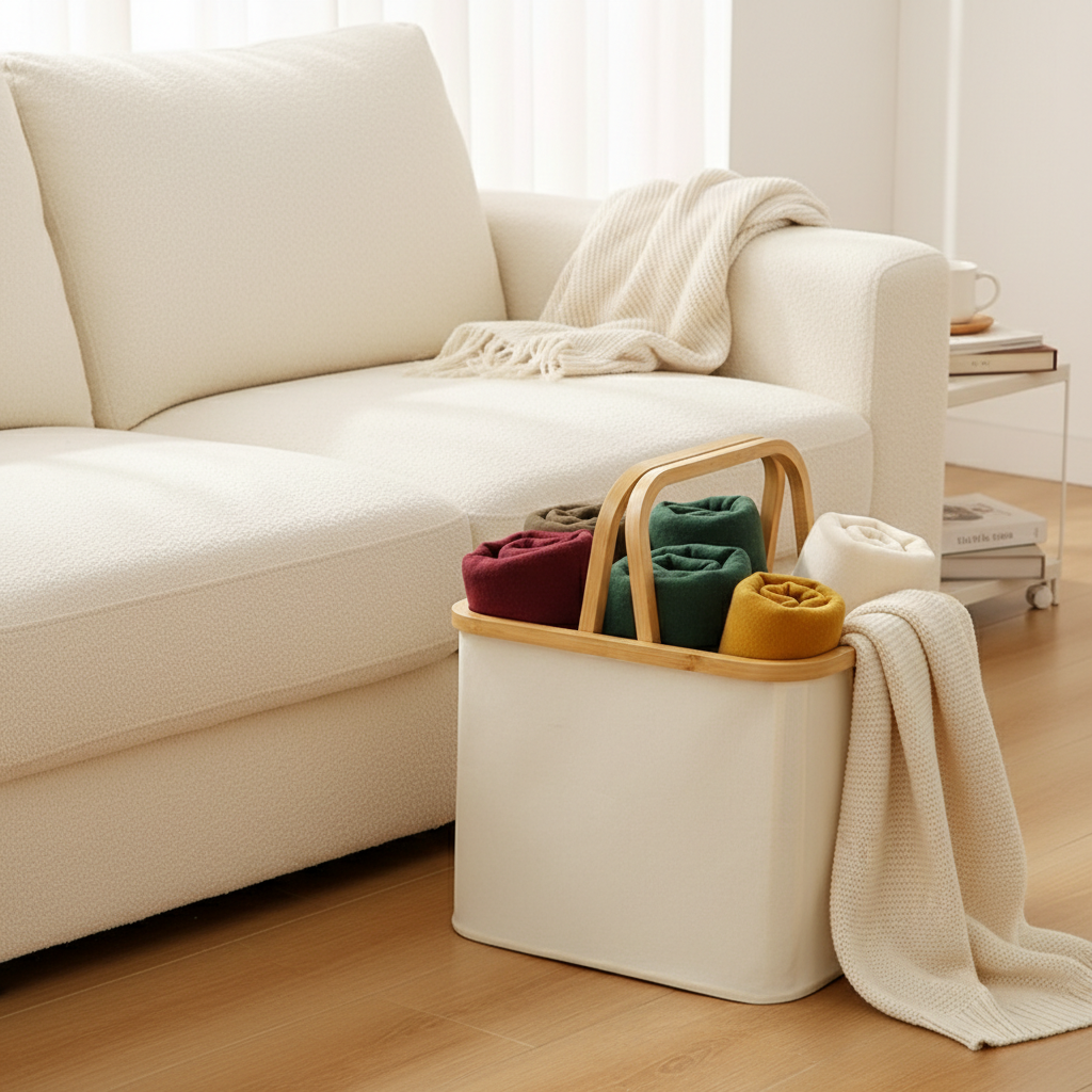 Scandi Foldable Laundry Hamper with Bamboo Handles - Oxford Fabric Storage