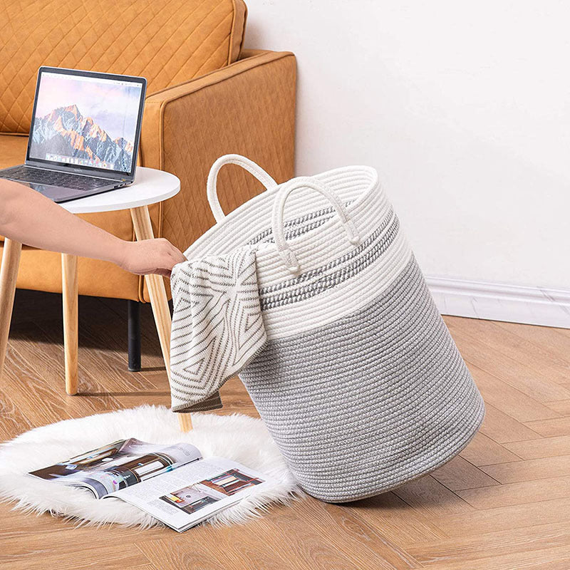 Handwoven Cotton Rope Storage Basket - Decorative Two-Tone Laundry Hamper