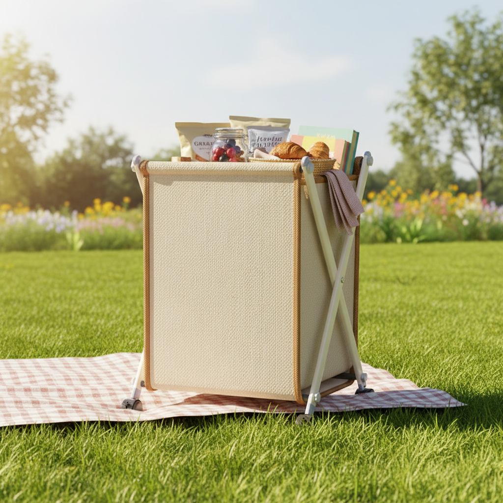 Foldable laundry basket with wheels on grass in outdoor setting