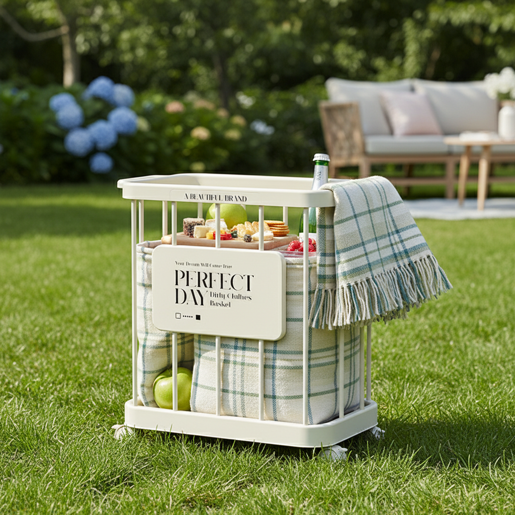 White wire laundry storage rack with wheels displayed outdoors on green grass, holding folded towels and blankets
