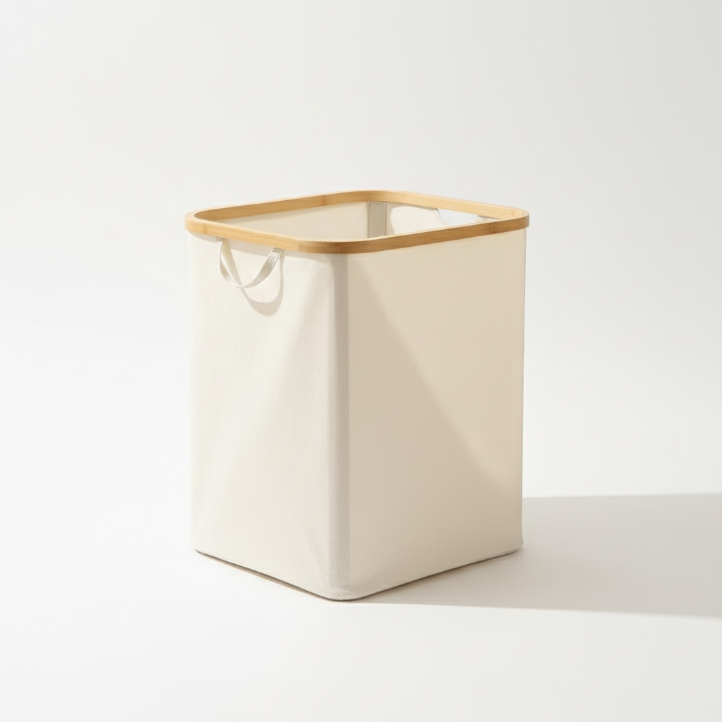 Scandinavian style collapsible laundry hamper with bamboo detail - minimalist bedroom decor
