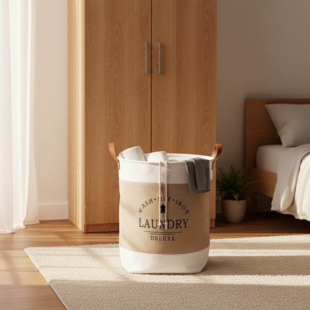 Foldable laundry basket next to wooden cabinet in home setting