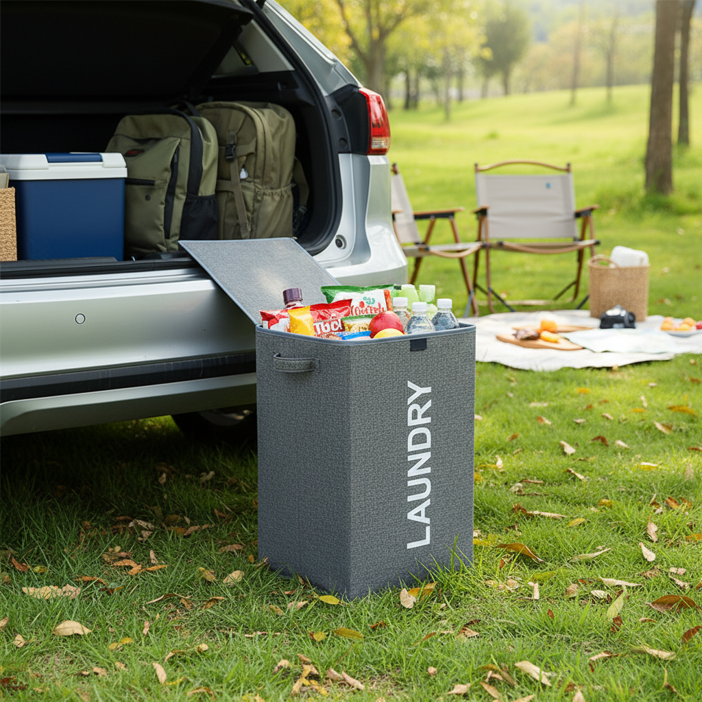 Gray lidded laundry basket with LAUNDRY text displayed outdoors next to a car in a green outdoor setting
