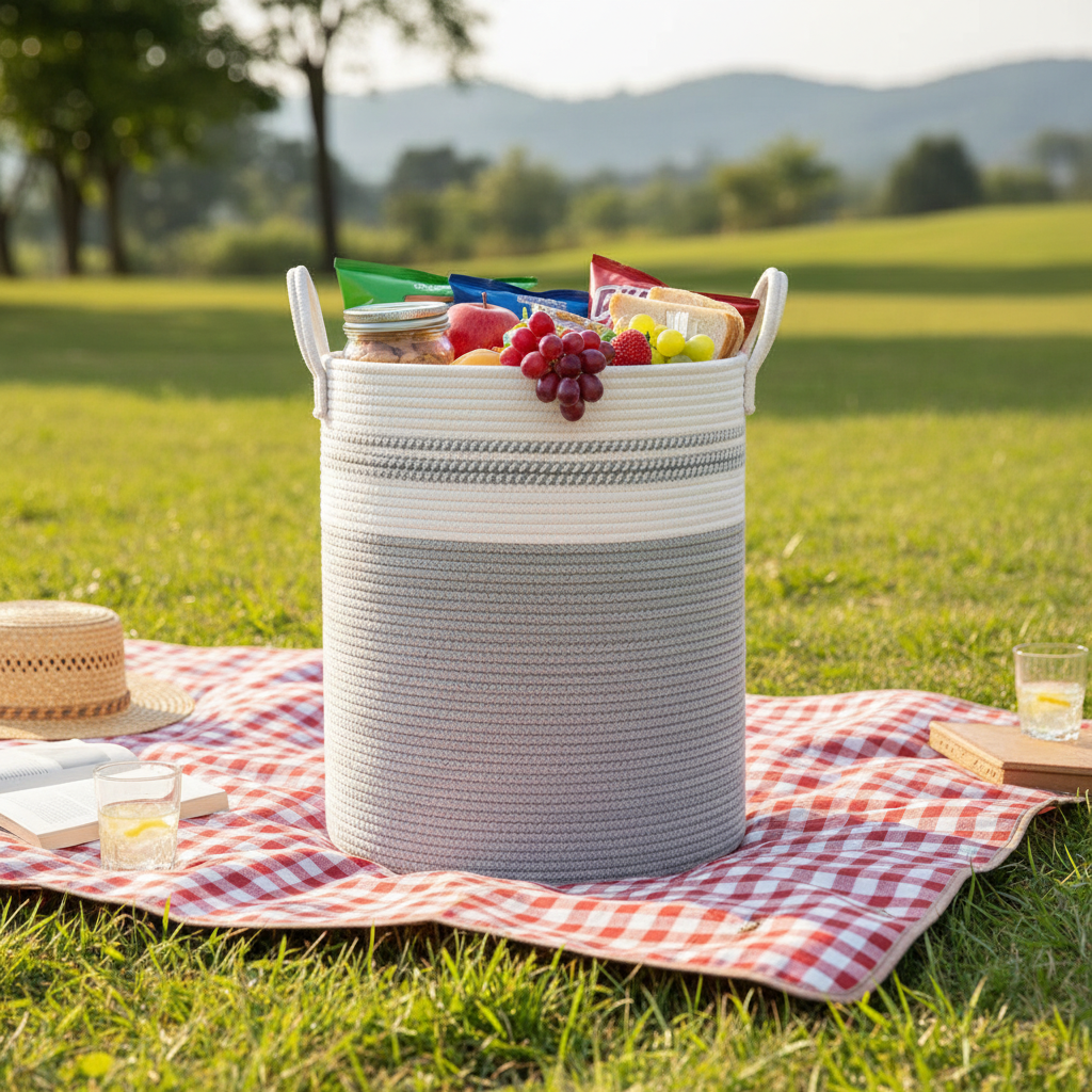Handwoven Cotton Rope Storage Basket - Decorative Two-Tone Laundry Hamper