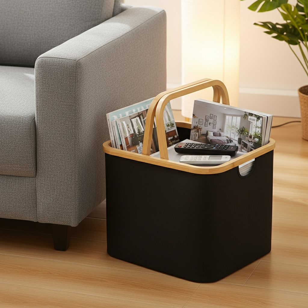 Scandi foldable laundry hamper with bamboo handles - modern home decor