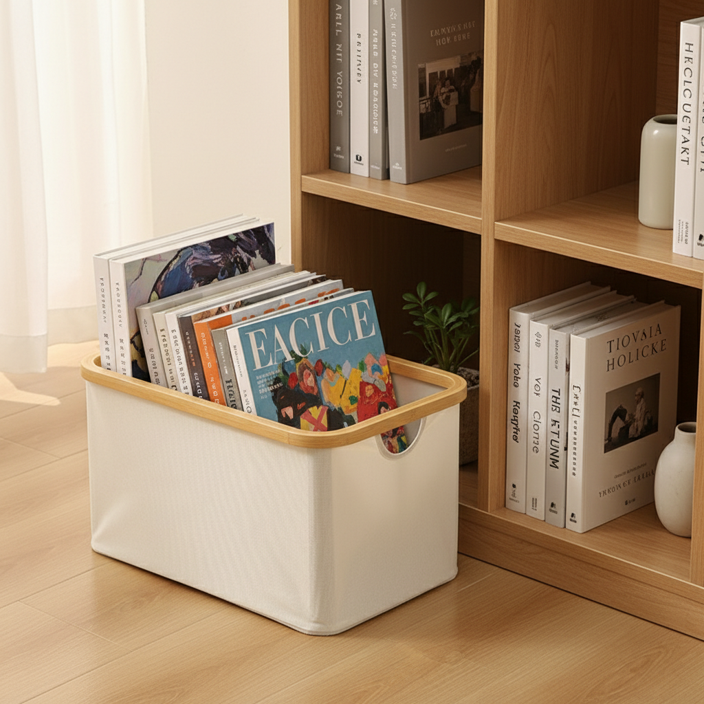 Natural bamboo storage basket with Oxford fabric - minimalist home organizer