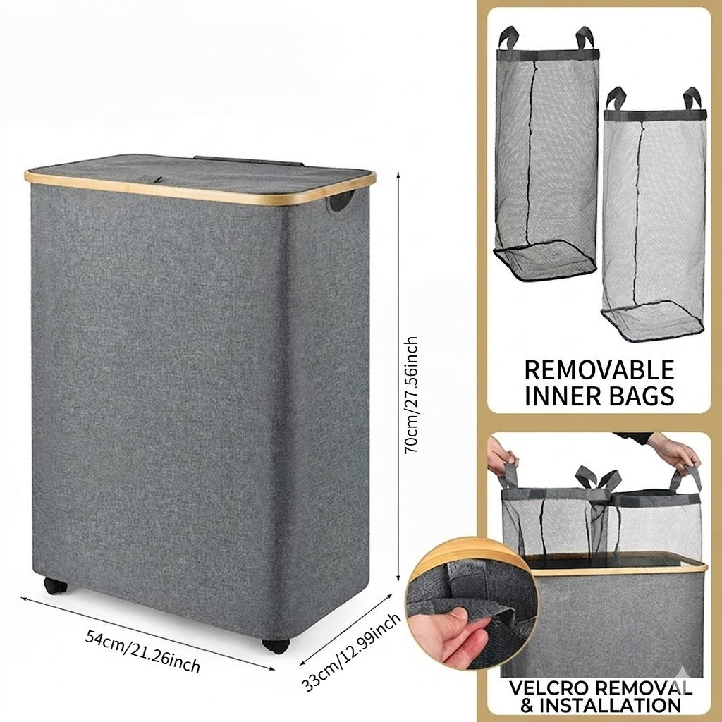 2-Section Rolling Laundry Hamper with Removable Bags, Bamboo Rim & Lid, Heavy Duty Laundry Sorter