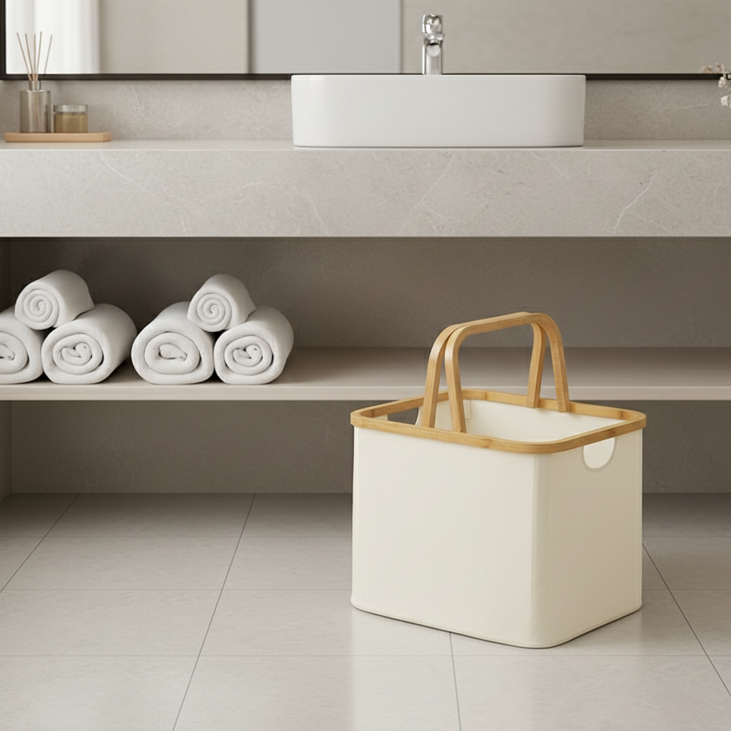 Scandi Foldable Laundry Hamper with Bamboo Handles - Oxford Fabric Storage