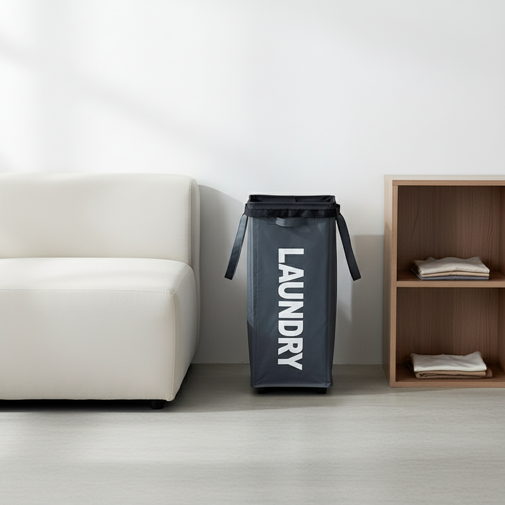 Oxford fabric laundry basket with wheels fitting in slim gap beside washing machine