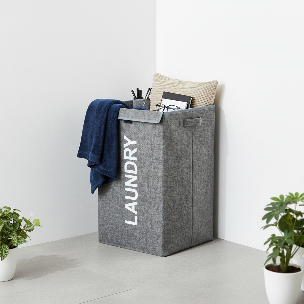 Foldable lidded laundry basket in grey with handles, placed in a corner, filled with laundry and decorative items.