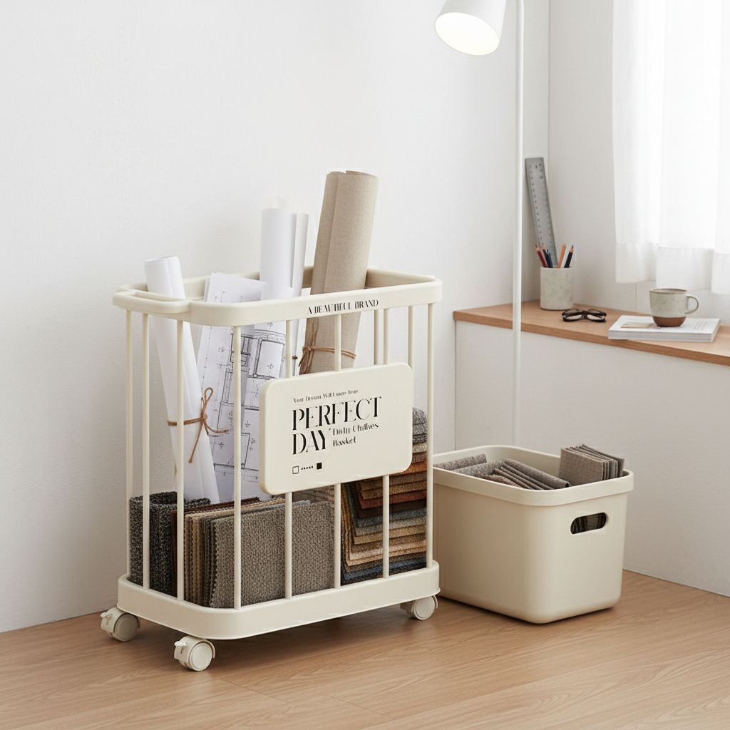 Compact white laundry basket with wheels shown in a clean indoor setting next to storage containers
