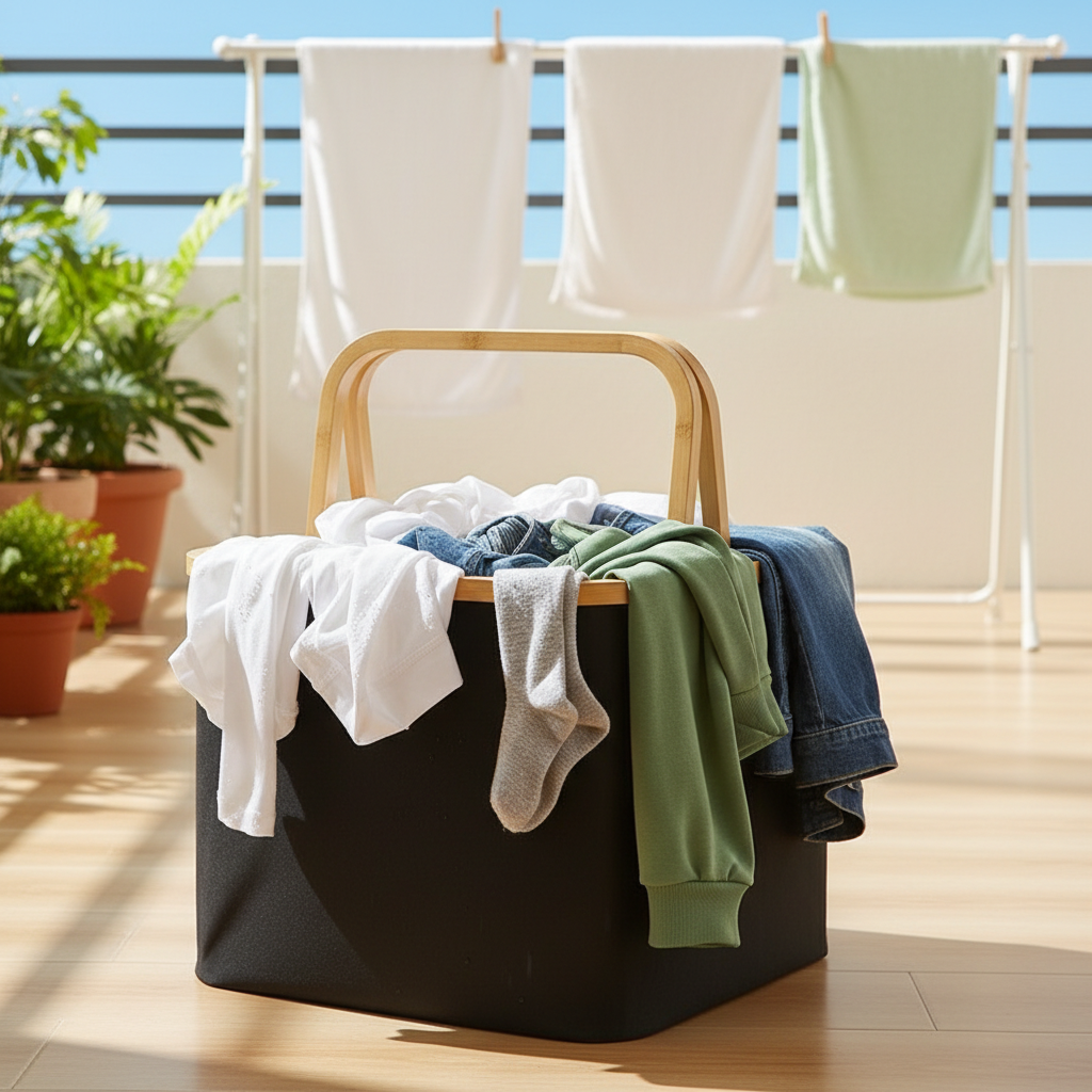 Scandinavian style laundry basket with bamboo carry handles - bedroom storage