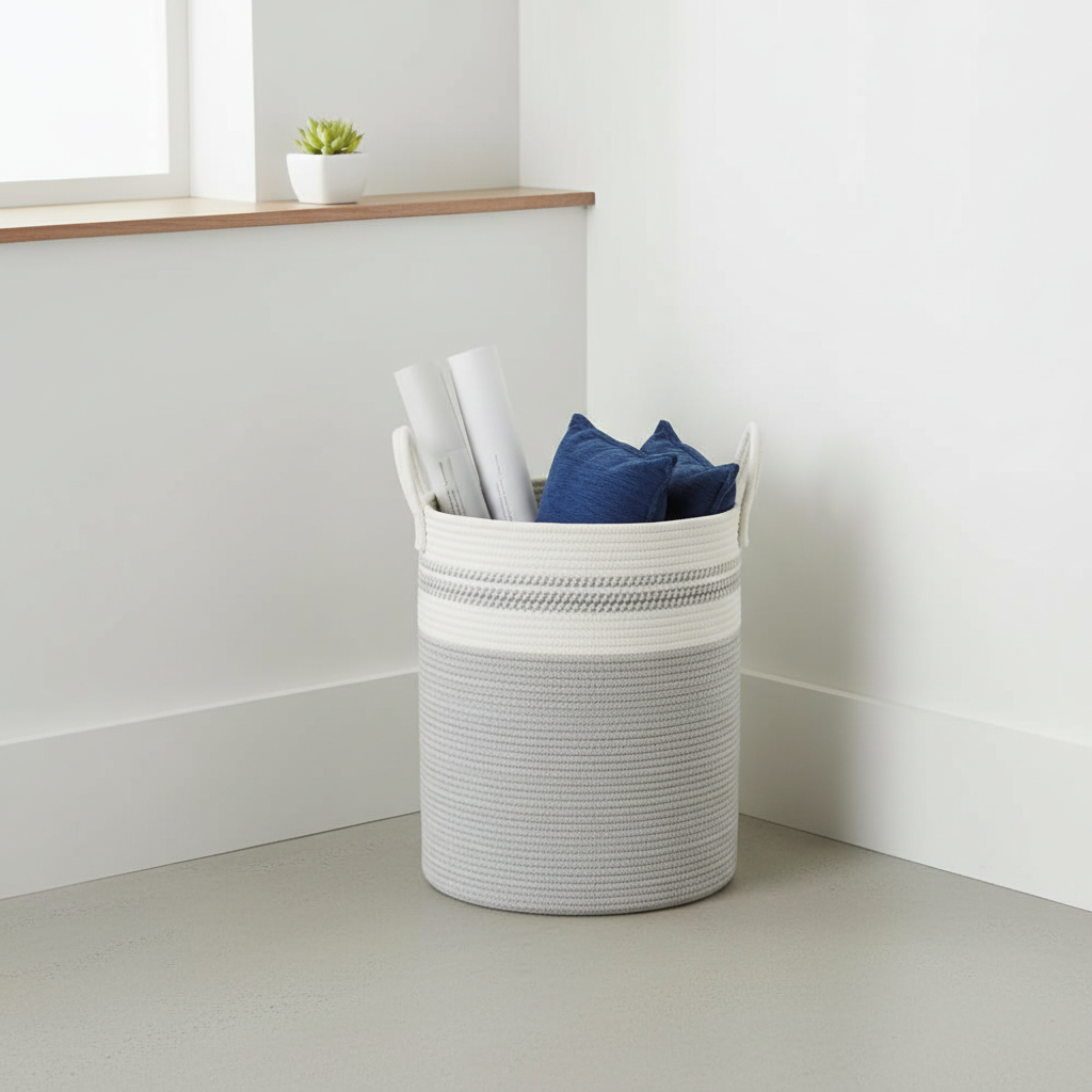Handwoven Cotton Rope Storage Basket - Decorative Two-Tone Laundry Hamper