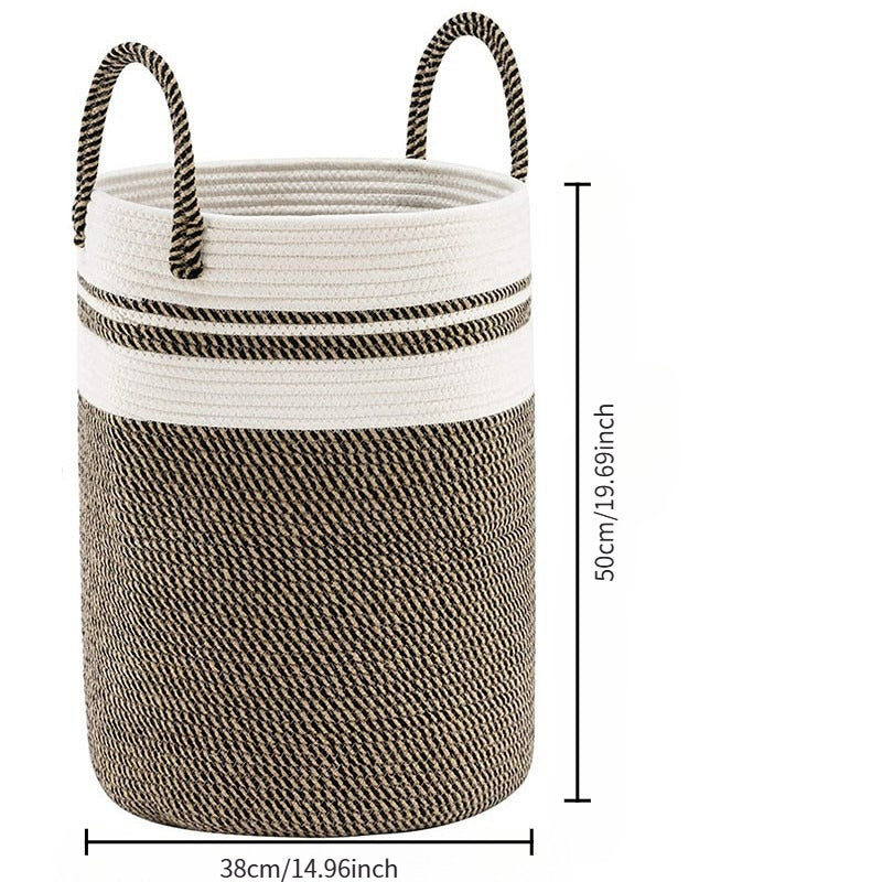 Handwoven Cotton Rope Storage Basket - Decorative Two-Tone Laundry Hamper