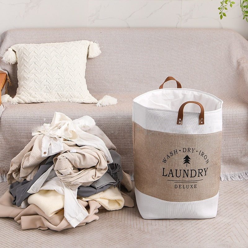 Foldable laundry basket filled with clothes, drawstring closure
