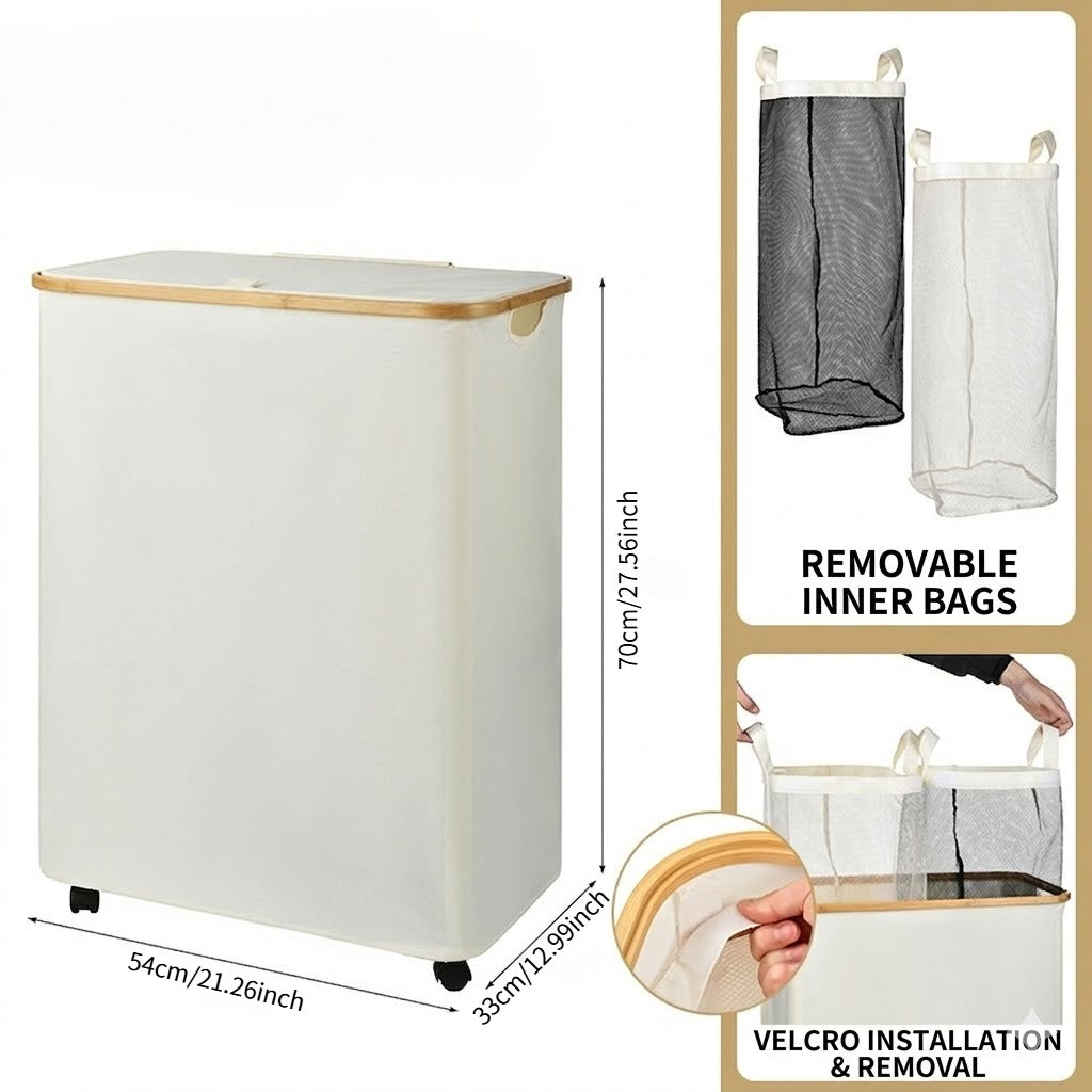 2-Section Rolling Laundry Hamper with Removable Bags, Bamboo Rim & Lid, Heavy Duty Laundry Sorter
