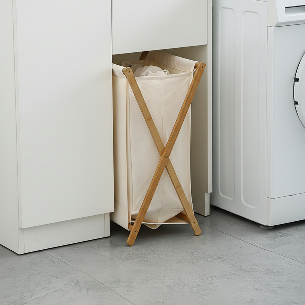 Cotton linen laundry hamper with X-frame stand - modern home decor