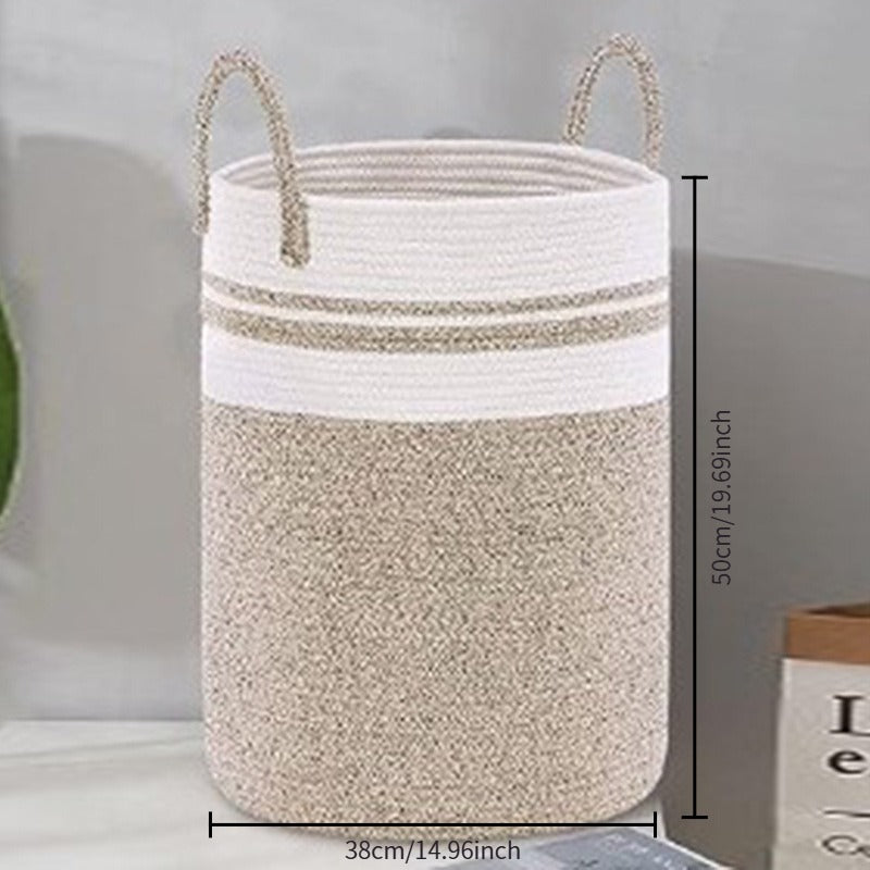 Handwoven Cotton Rope Storage Basket - Decorative Two-Tone Laundry Hamper