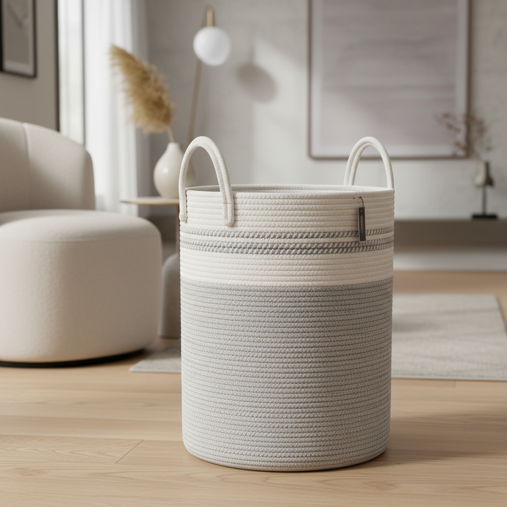 Handwoven Cotton Rope Storage Basket - Decorative Two-Tone Laundry Hamper
