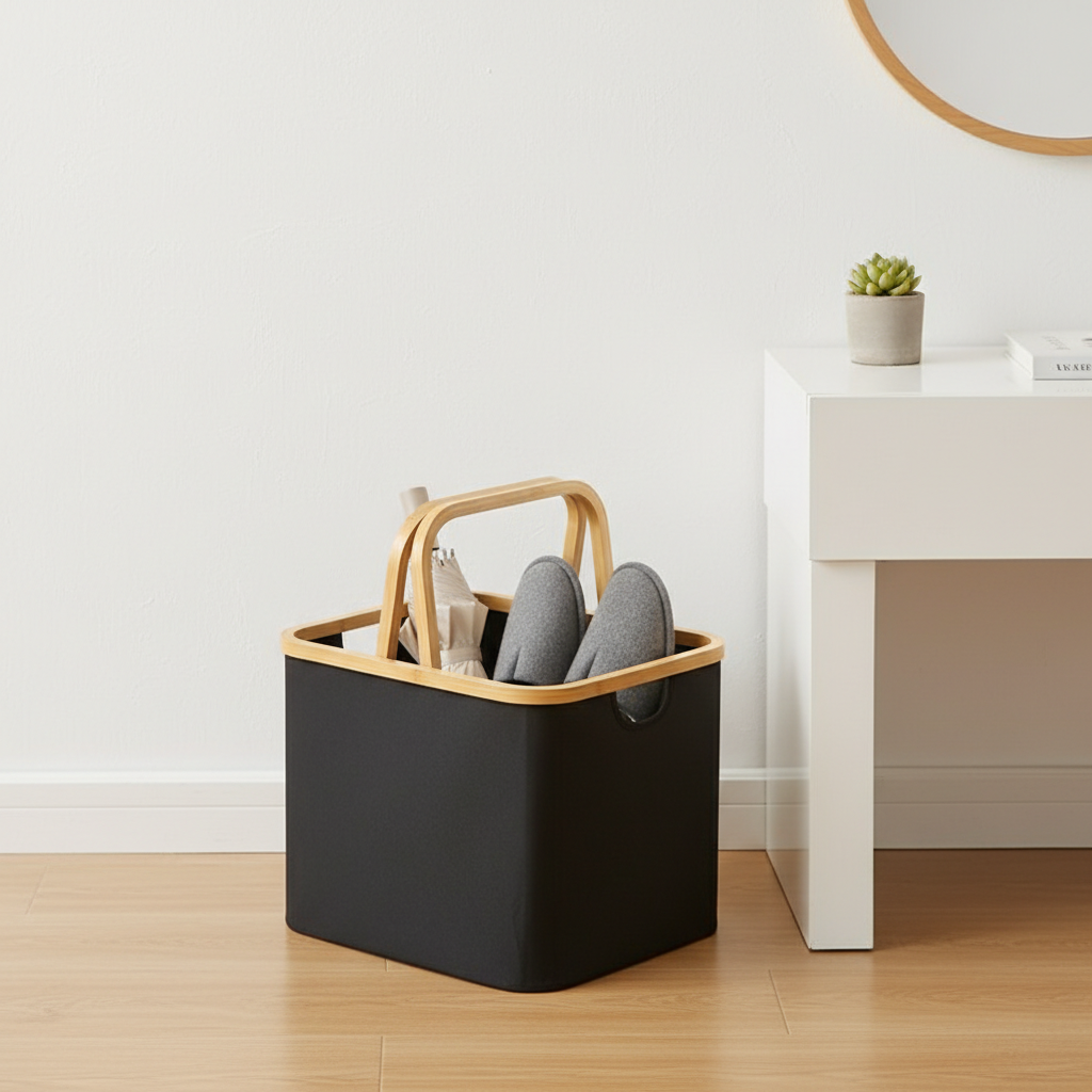 Collapsible fabric hamper with bamboo handles - minimalist home organization