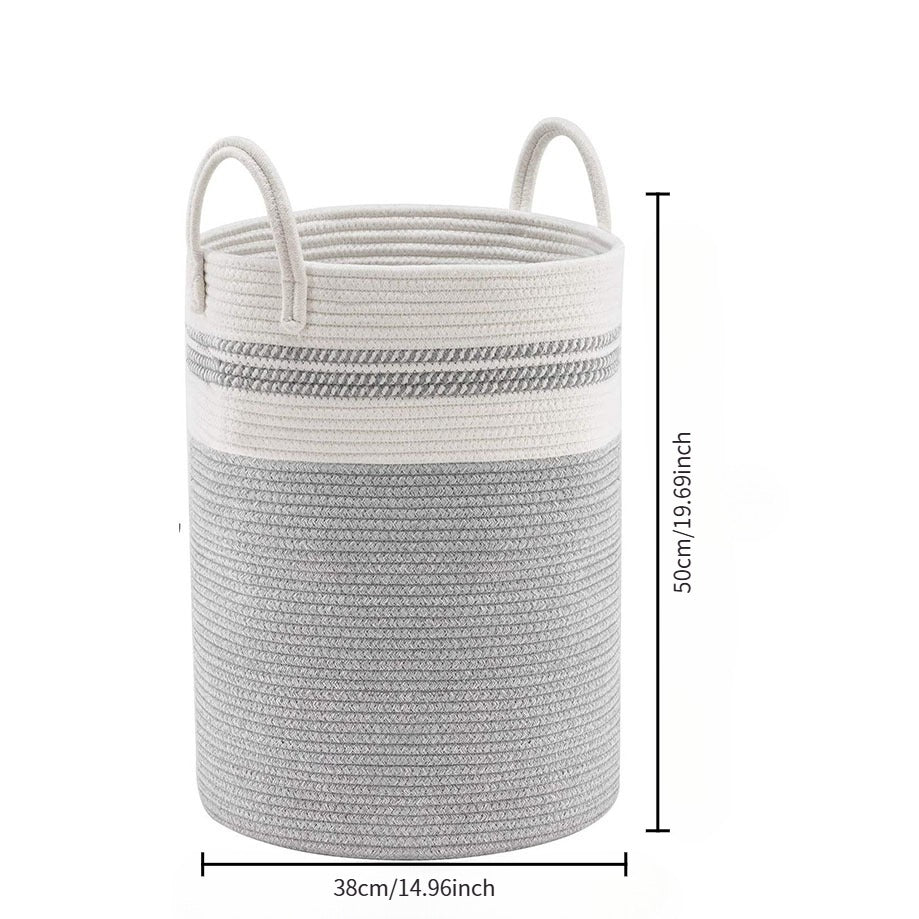 Handwoven Cotton Rope Storage Basket - Decorative Two-Tone Laundry Hamper