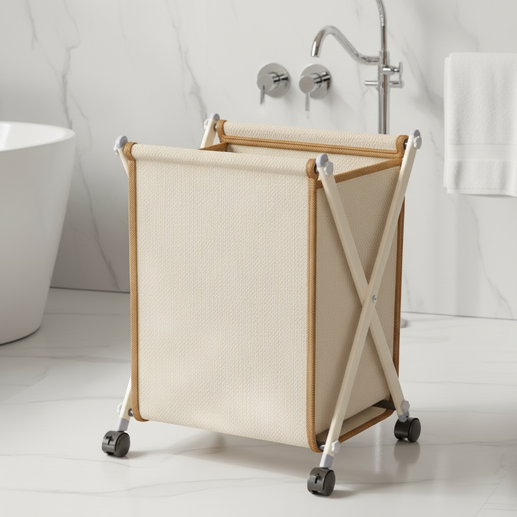 Foldable X-frame laundry basket with gold metal frame and wheels in bathroom