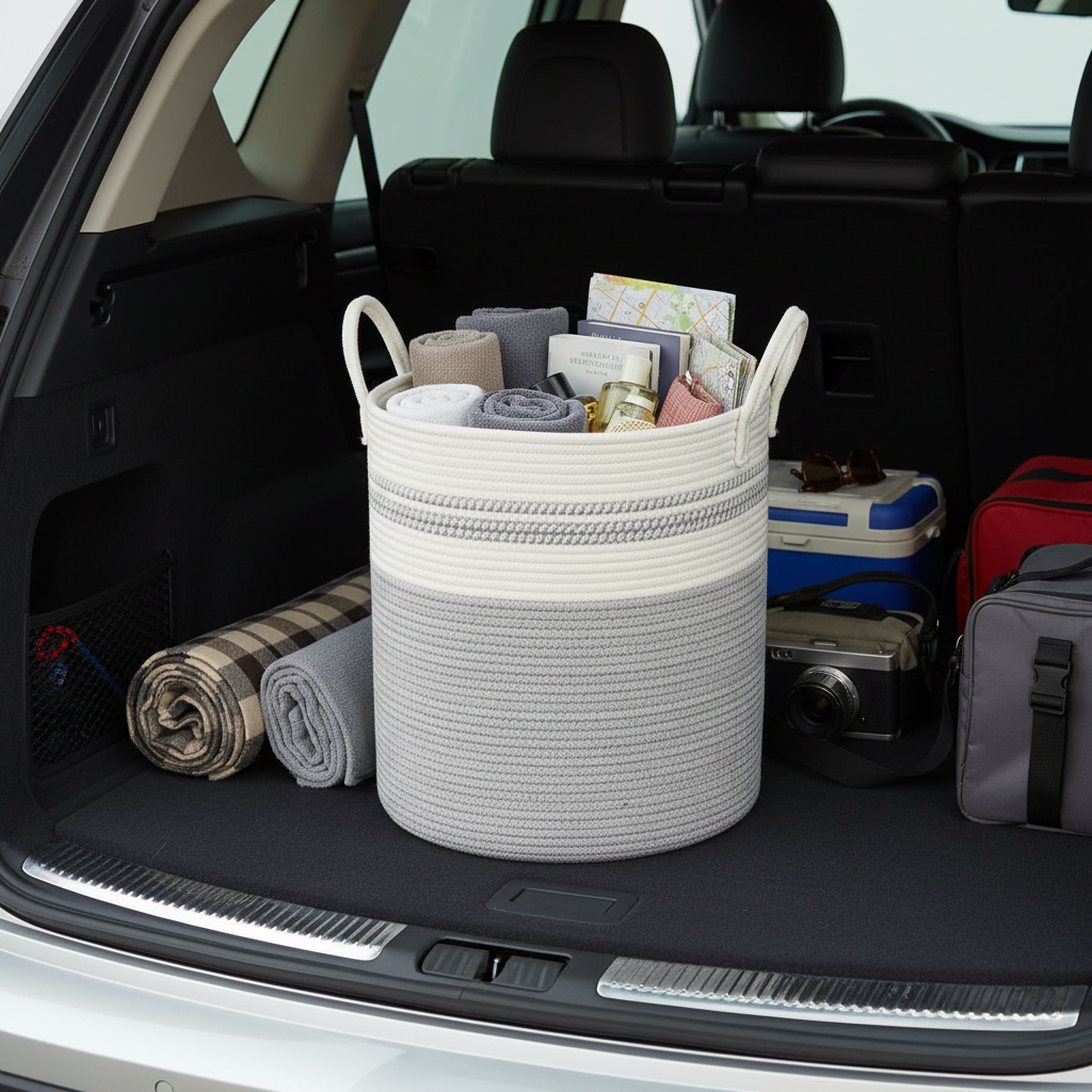 Handwoven Cotton Rope Storage Basket - Decorative Two-Tone Laundry Hamper