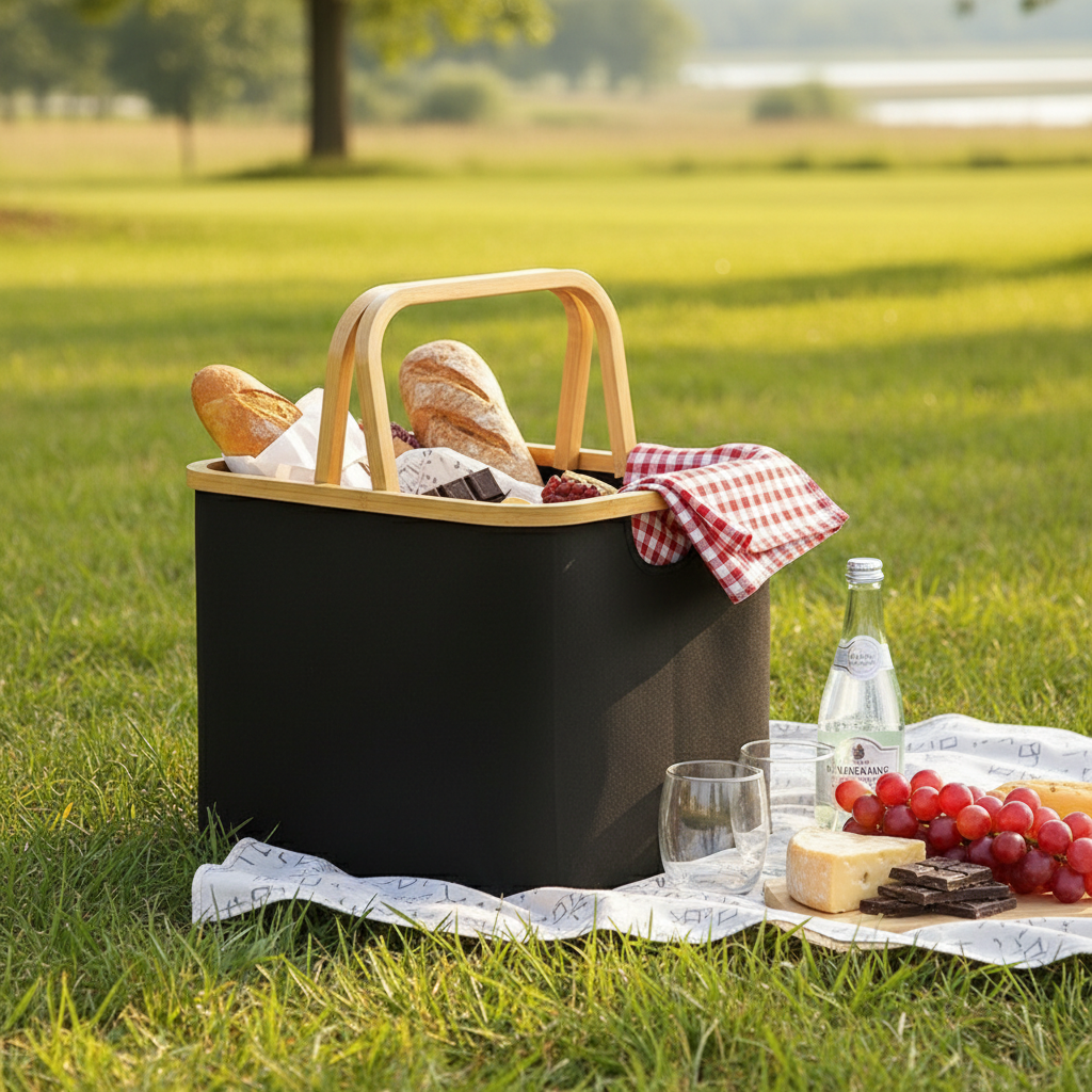 Scandi Foldable Laundry Hamper with Bamboo Handles - Oxford Fabric Storage
