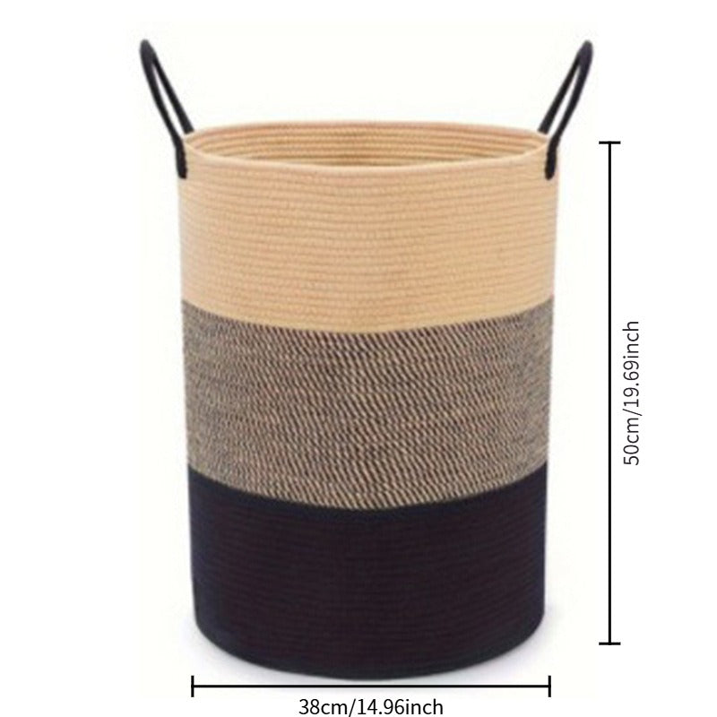 Handwoven Cotton Rope Storage Basket - Decorative Two-Tone Laundry Hamper