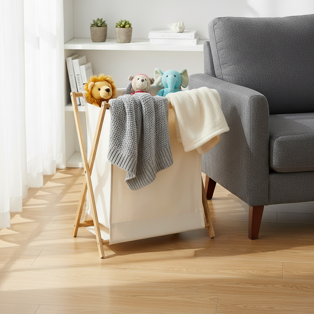 Scandi X-frame laundry hamper with cotton linen bag - premium home storage