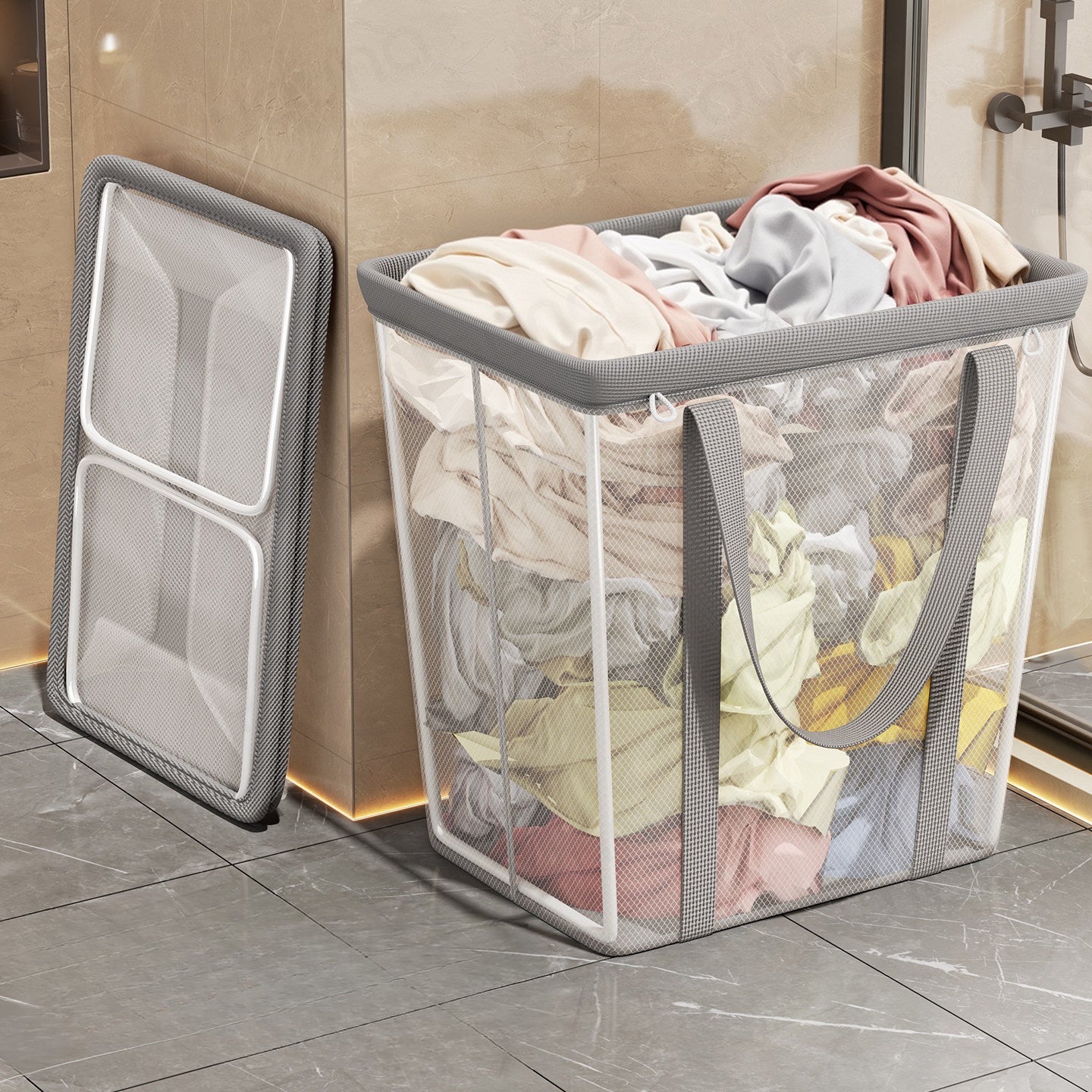 Large mesh laundry hamper overflowing with clothes, with folded frame leaning against the wall.