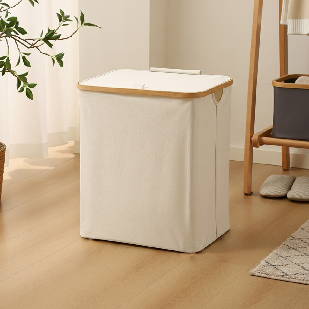 Scandi Foldable Laundry Basket with Bamboo Rim - Open Top & Lidded Options