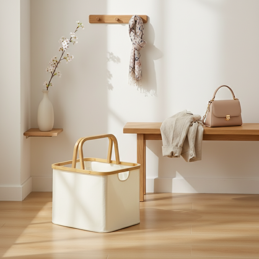 Scandi Foldable Laundry Hamper with Bamboo Handles - Oxford Fabric Storage
