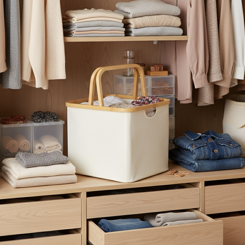 Scandi Foldable Laundry Hamper with Bamboo Handles - Oxford Fabric Storage